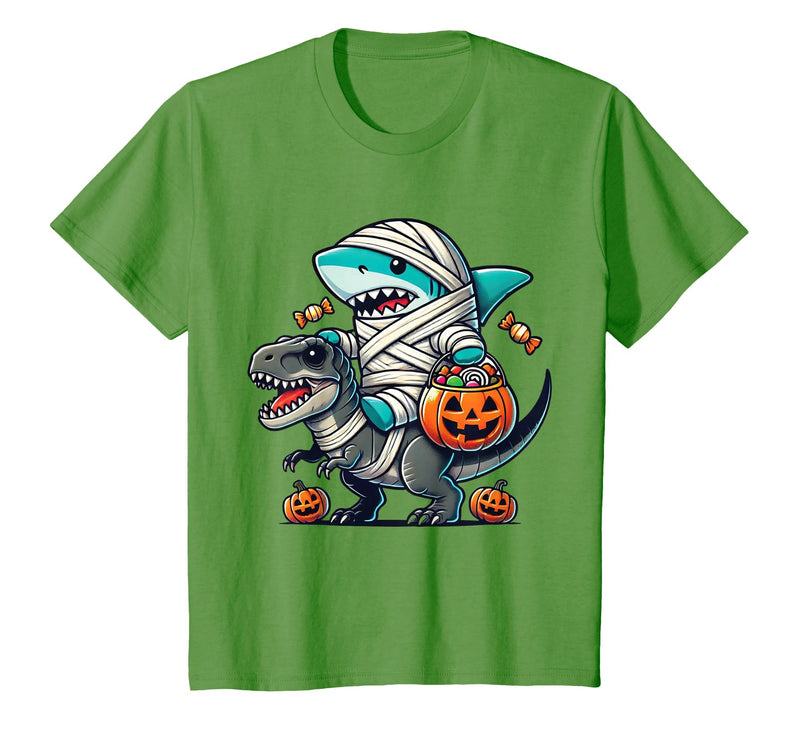 Funny Shark Dinosaur Halloween Kids Boys Tees Shark Riding Dinosaur T-rex Funny Halloween Pumpkin Boys Kid T-Shirt - Grass