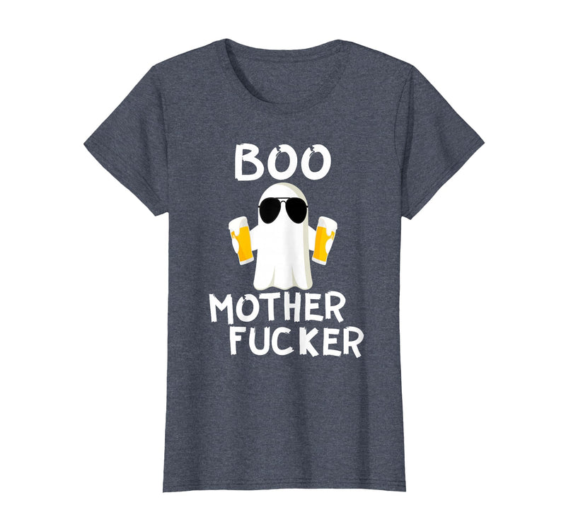 Vulgar Halloween Tee Shop Boo Motherfucker Funny Beer Drinking Ghost Adult Halloween T-Shirt - Heather Blue