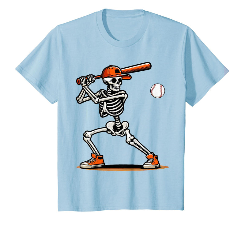 Funny Halloween Skeleton Sports Boys Costume Baseball Skeleton Spooky Boys Halloween Baseball Player T-Shirt - Baby Blue