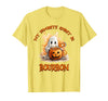 Boo Watercolor Pumpkin Cup Light Witch Hat Bottle Bourbon My Favorite Spirit is Bourbon Happy Halloween Boo T-Shirt - Lemon
