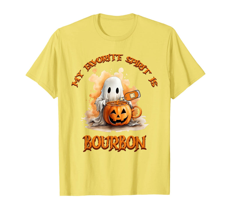 Boo Watercolor Pumpkin Cup Light Witch Hat Bottle Bourbon My Favorite Spirit is Bourbon Happy Halloween Boo T-Shirt - Lemon