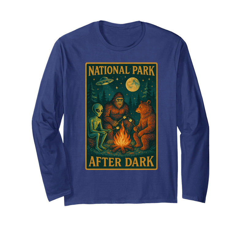 National Park After Dark Tee National Park After Dark: Alien Bigfoot Bear Camping Long Sleeve T-Shirt - Navy Blue