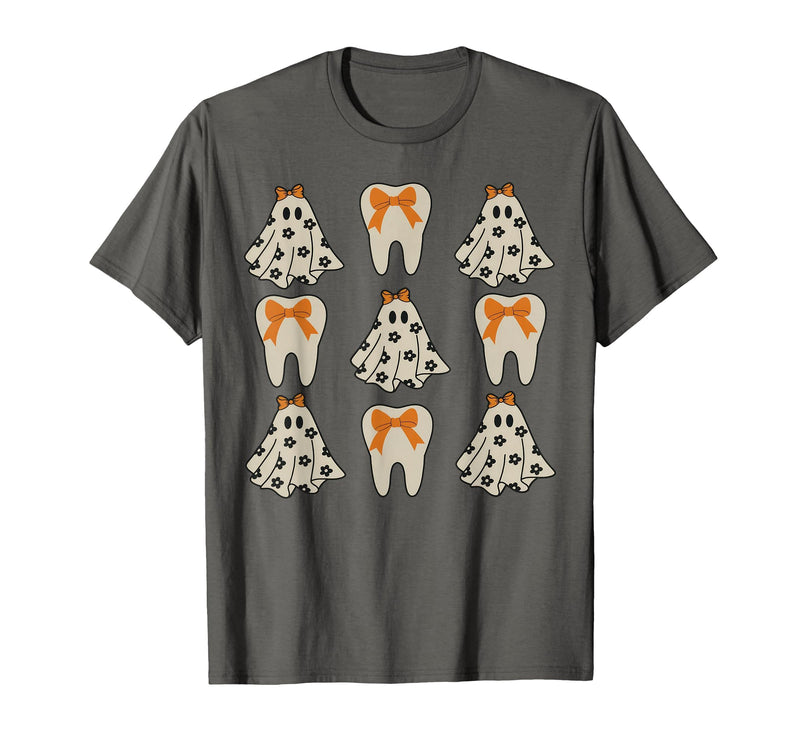 Dentist Dental Halloween Costume Tee Gifts Floral Ghost Teeth Dental Dentist Halloween Costume T-Shirt - Asphalt Grey