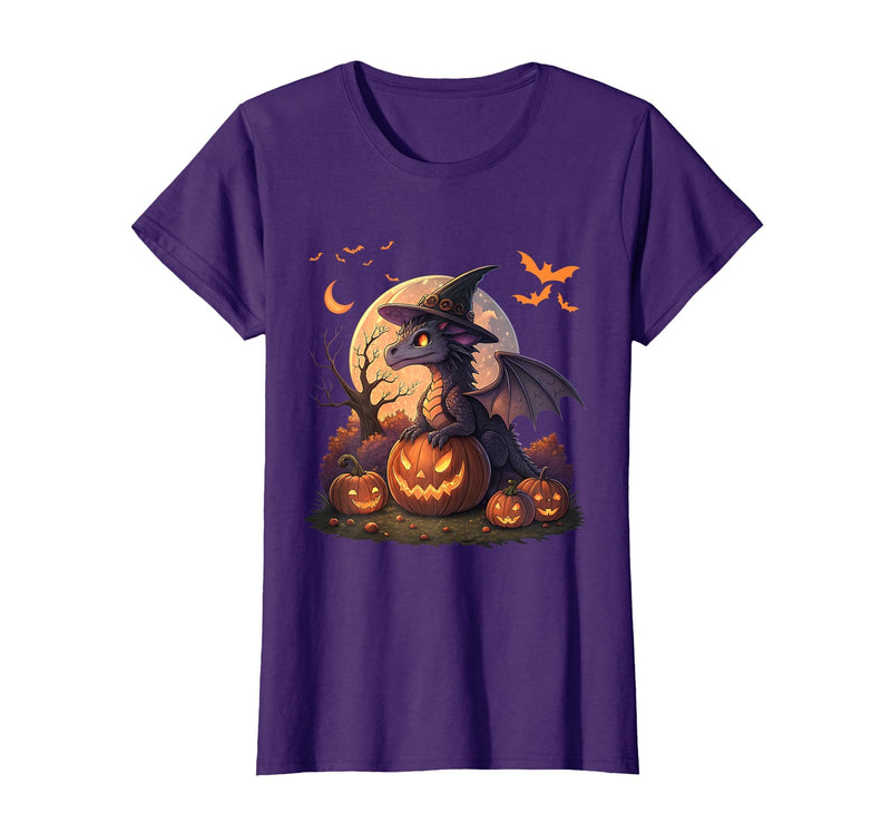 Halloween Dragons Fantasy Spooky Witchy Cute Halloween Dragon Witch Hat Pumpkin Moon Fantasy T-Shirt - Purple