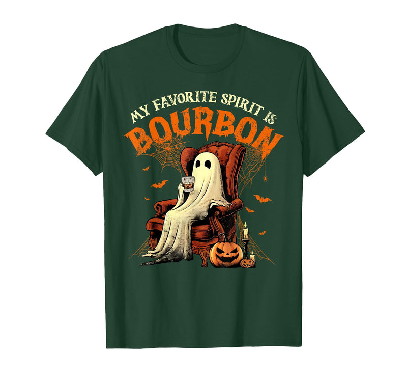 Bourbon Ghost Funny Halloween Drinking Apparel My Favorite Spirit is Bourbon Funny Halloween Ghost T-Shirt - Dark Green