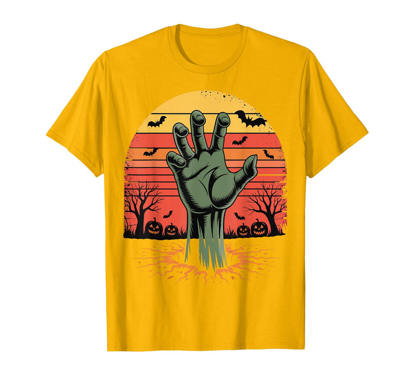 Creepy Undead Zombie Hand Retro Sunset Scary Zombie Hand Retro Sunset Halloween Horror Tee T-Shirt - Golden Yellow