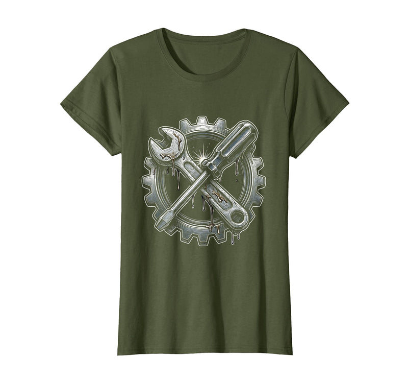 Mademark Grease Monkey Wrench and Screwdriver Crossed T-Shirt - Women - Olive Green