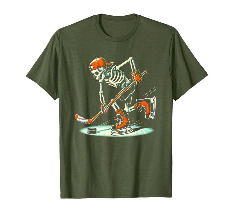 Halloween Costume For Hockey Lovers Funny Skeleton Hockey Halloween for Ice Hockey Lovers T-Shirt - Olive Green