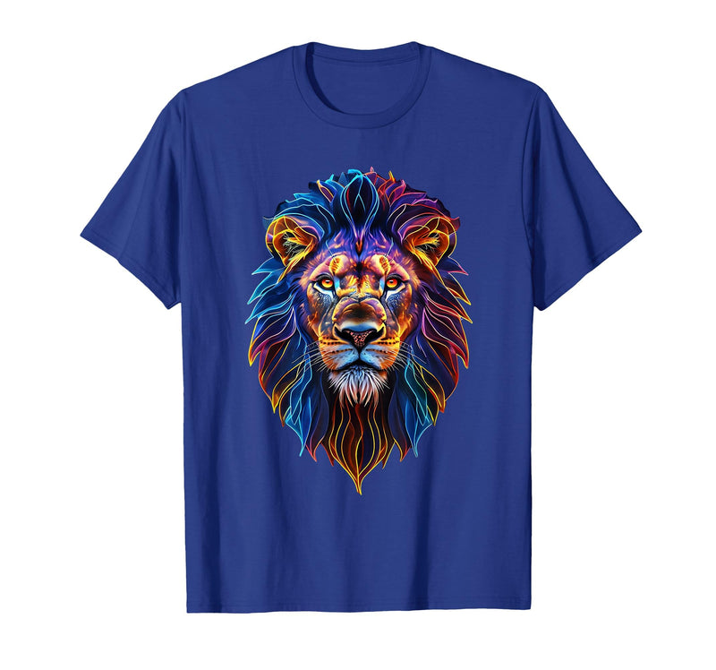 Psychedelic Jungle Glow Animal Art Glow Lion Head Art Psychedelic Jungle Animal Face T-Shirt - Royal Blue