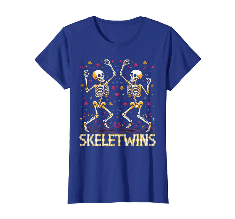 Spirit Week Twin Day Skeletwins Halloween Twins Dancing Skeletons Twins Halloween Matching Skeletwins T-Shirt - Royal Blue