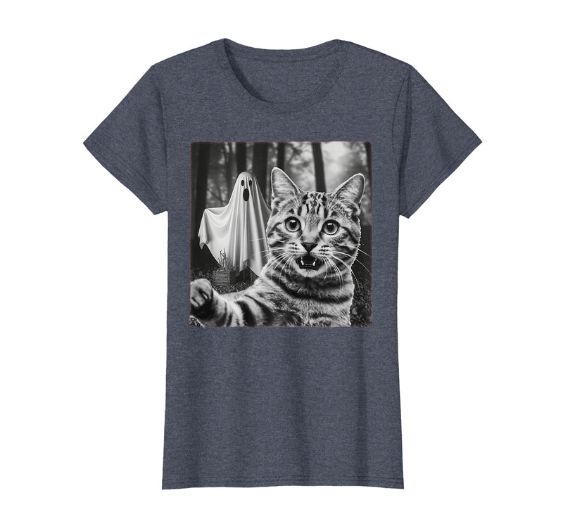 Halloween Cat Selfie with Spooky Ghost t -shir t Halloween Cat Selfie with Spooky Ghost T-Shirt - Heather Blue