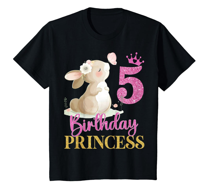 Kids 5th Birthday Rabbit Princess Girl Bunny 5 Years Old T-Shirt in Black