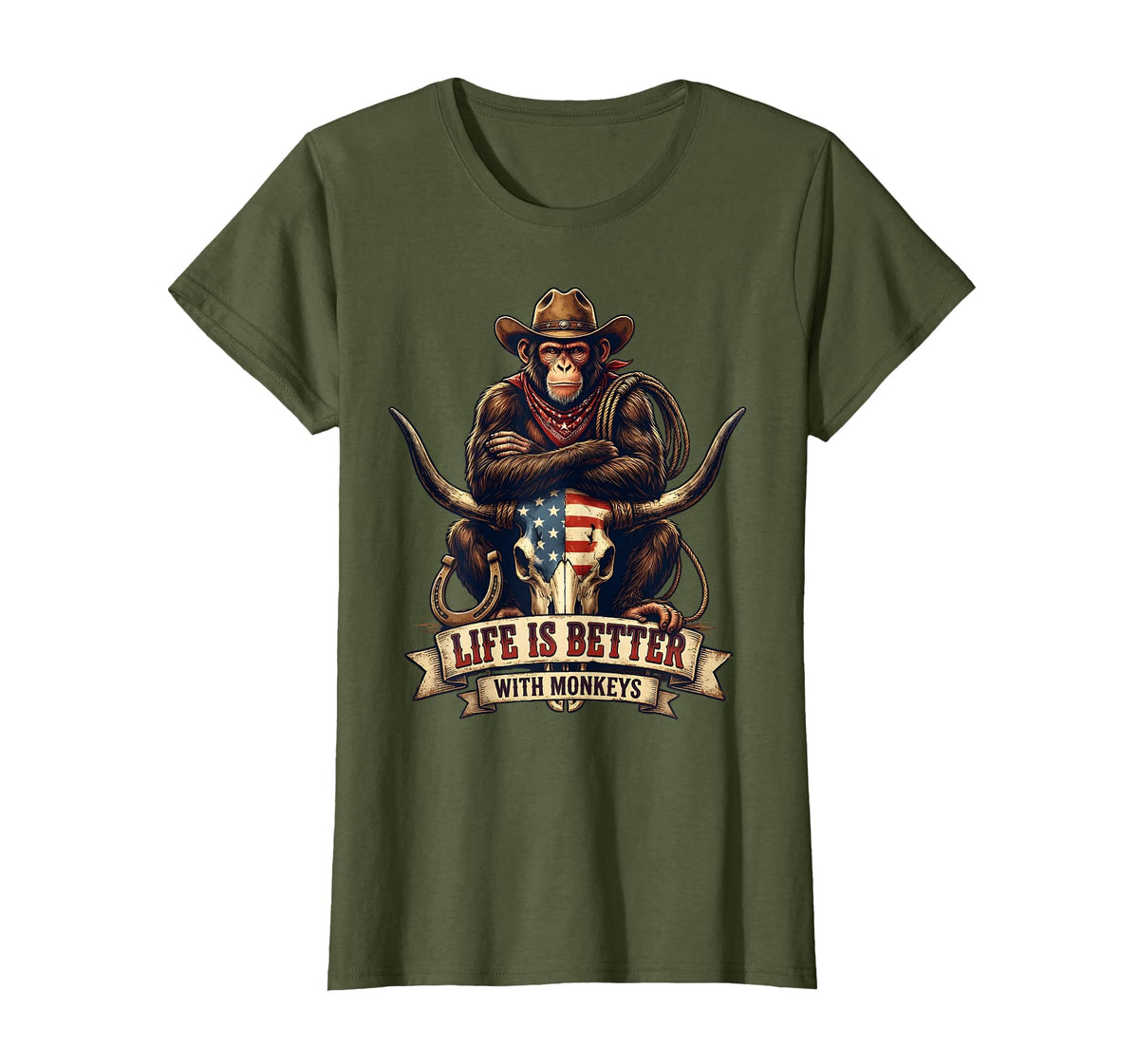 Mademark Life Is Better With Monkeys Fun Primate Design T-Shirt - Women - Olive Green