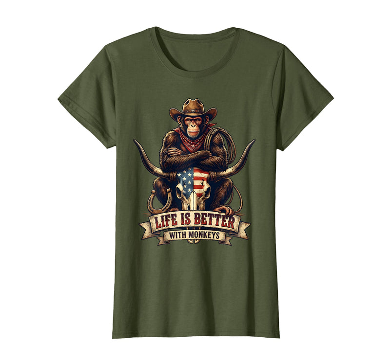 Mademark Life Is Better With Monkeys Fun Primate Design T-Shirt - Women - Olive Green
