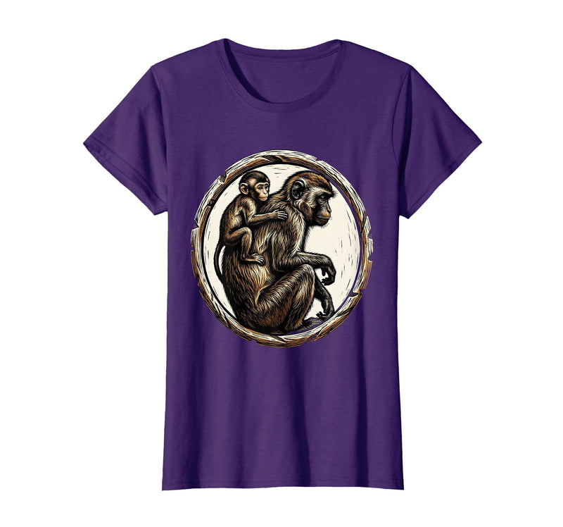 Mademark Baby Monkey Clinging to Mother's Back Design T-Shirt - Women - Purple