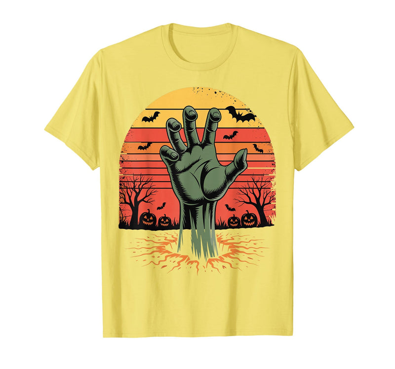 Creepy Undead Zombie Hand Retro Sunset Scary Zombie Hand Retro Sunset Halloween Horror Tee T-Shirt - Lemon Yellow