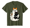 halloween iced coffee costume Cat Women Girls Cute Halloween Cat Ghost Drinking Coffee Ghost Women Girls T-Shirt - Olive