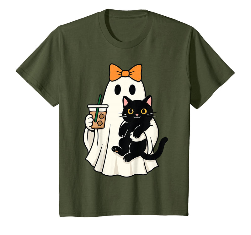 halloween iced coffee costume Cat Women Girls Cute Halloween Cat Ghost Drinking Coffee Ghost Women Girls T-Shirt - Olive