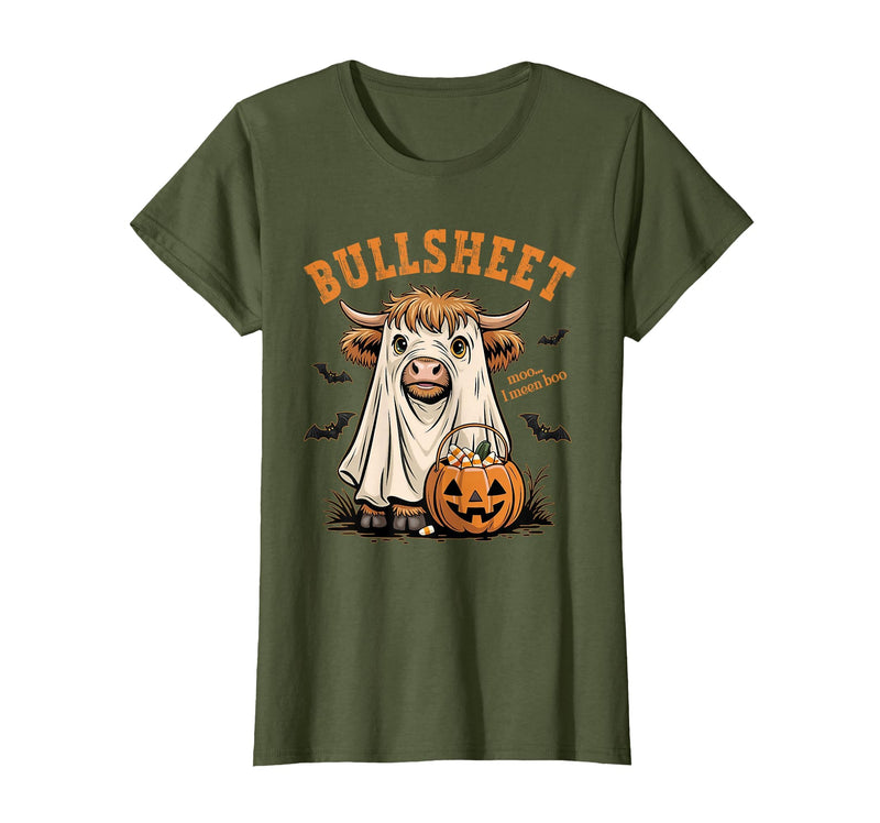 Bullsheet Highland Cow Ghost Halloween Tees Moo... I Mean Boo Bullsheet Highland Cow Ghost Halloween T-Shirt - Olive Green