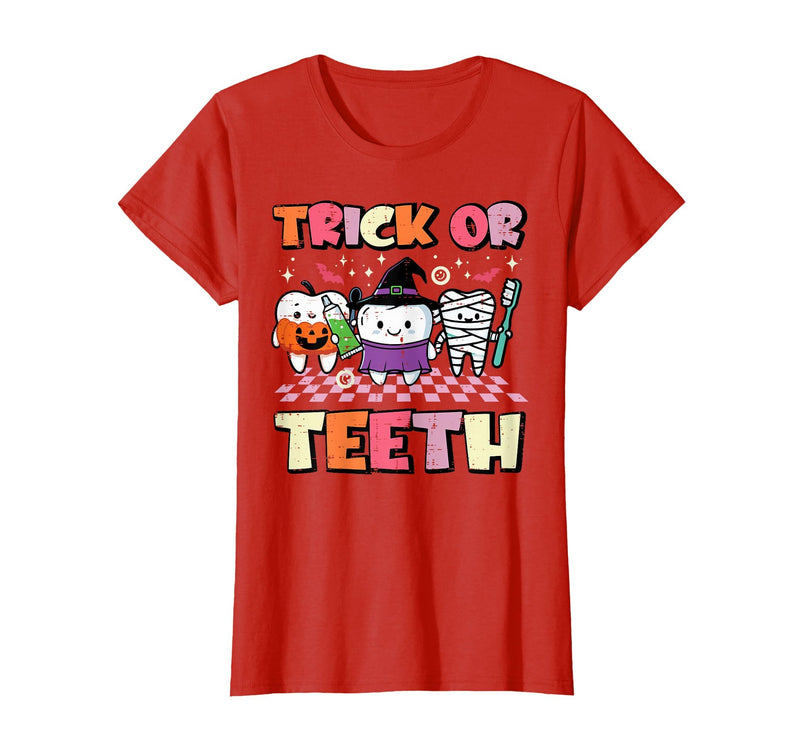 Halloween Shirts For Women Men Kids Boys Girls Halloween Dentist Trick Or Teeth Dental Costume Men Women T-Shirt - Red
