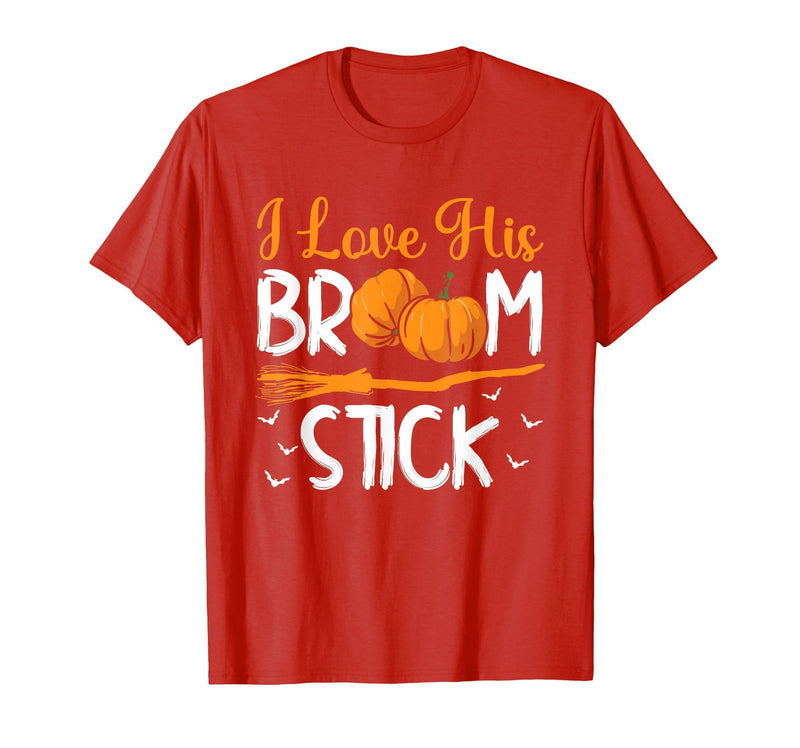 Match Halloween Couple Costumes I Love His Broomstick I Love Her Pumpkins T-Shirt - Red