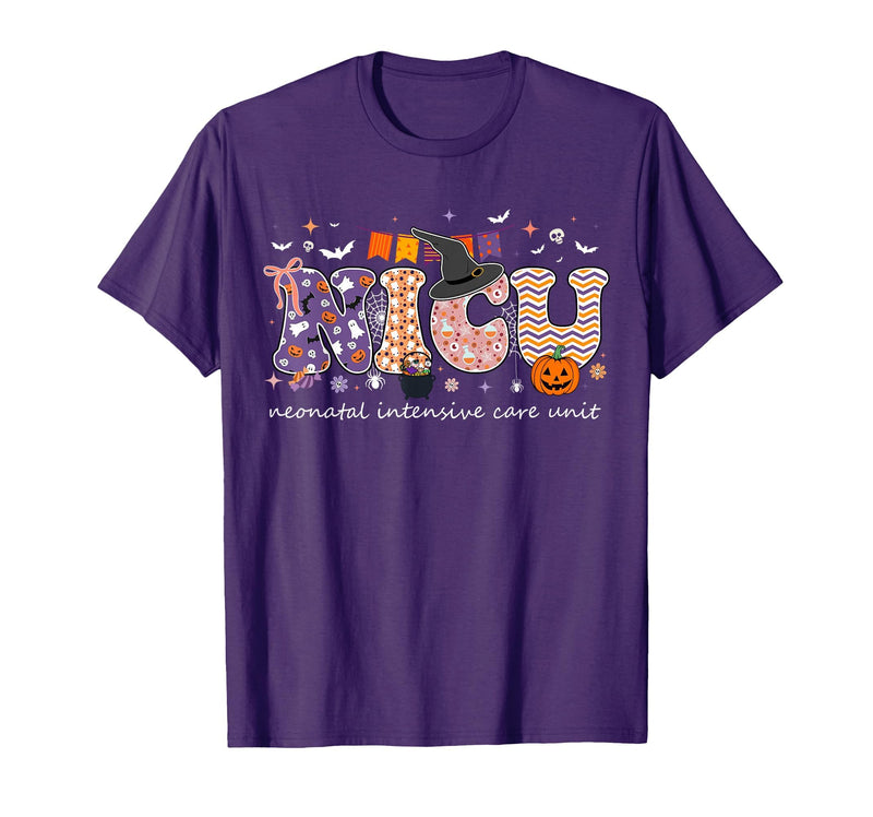 Halloween NICU Nurse Neonatal Intensive Care Neonatal Intensive Care Unit Coquette NICU Nurse Halloween T-Shirt - Purple