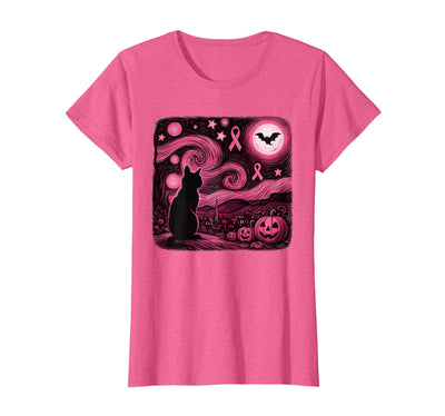 Cat Starry Night Breast Cancer Halloween Art Pink Van Gogh Cat Halloween Breast Cancer Awareness Women T-Shirt