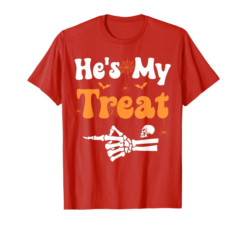 She's My Trick He's My Treat Halloween Couple Tees He's My Treat Skeleton Couples Matching Couple Halloween T-Shirt - Red