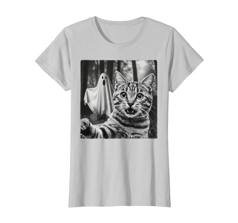 Halloween Cat Selfie with Spooky Ghost t -shir t Halloween Cat Selfie with Spooky Ghost T-Shirt - Silver Grey