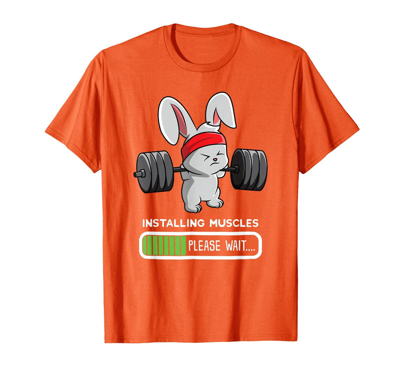 Bunny Gym Rabbit Weights Installing Muscles T-Shirt in Orange