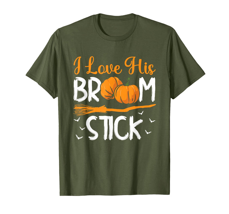 Match Halloween Couple Costumes I Love His Broomstick I Love Her Pumpkins T-Shirt - Olive Green