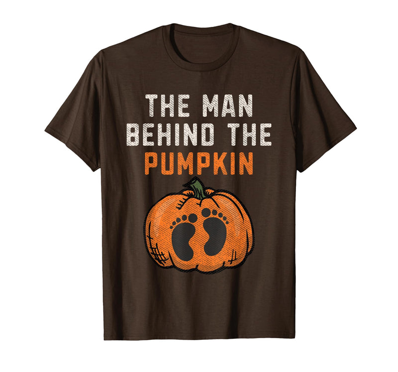Halloween Pregnancy Announcement for Future Dad The Man Behind The Pumpkin Dad Halloween Pregnancy Reveal T-Shirt - Brown