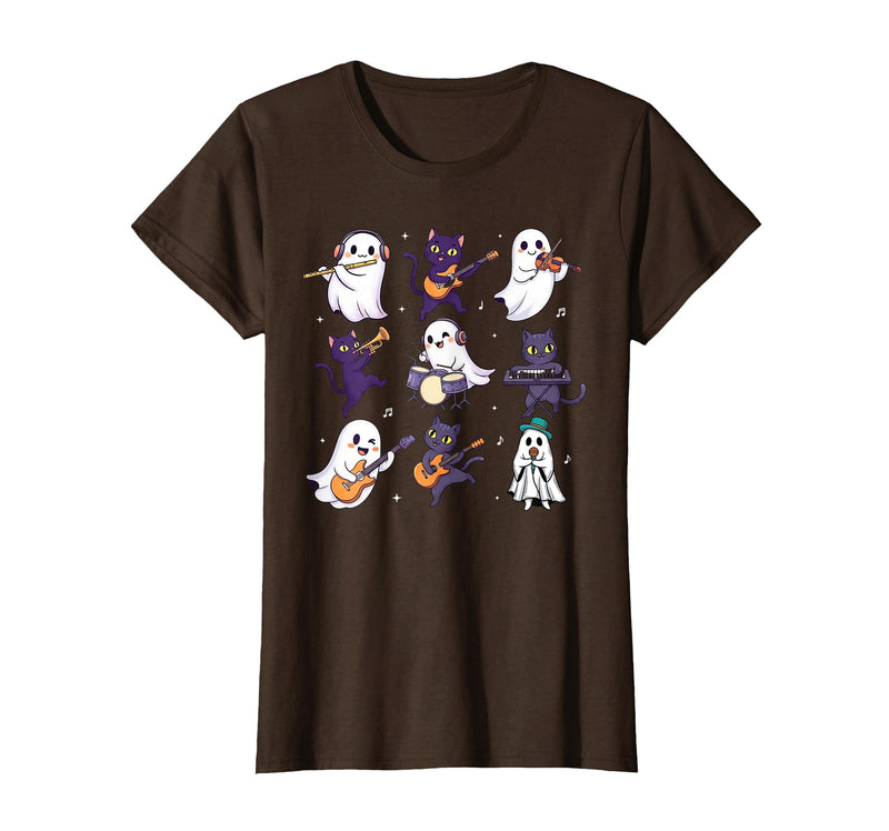 Halloween Music Teacher Ghost Music Lover Cute Ghost Cat Playing Musical Halloween Music Teacher T-Shirt - Brown