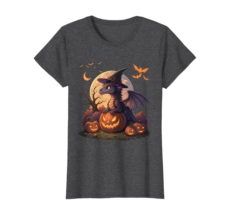 Halloween Dragons Fantasy Spooky Witchy Cute Halloween Dragon Witch Hat Pumpkin Moon Fantasy T-Shirt - Dark Heather Grey
