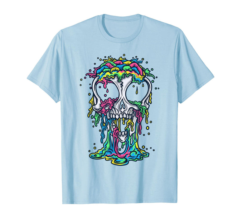 Skull & Halloween Designs for Bikers and Rockers Melting Skull Halloween Colorful Paint Drip Graphic T-Shirt - Baby Blue
