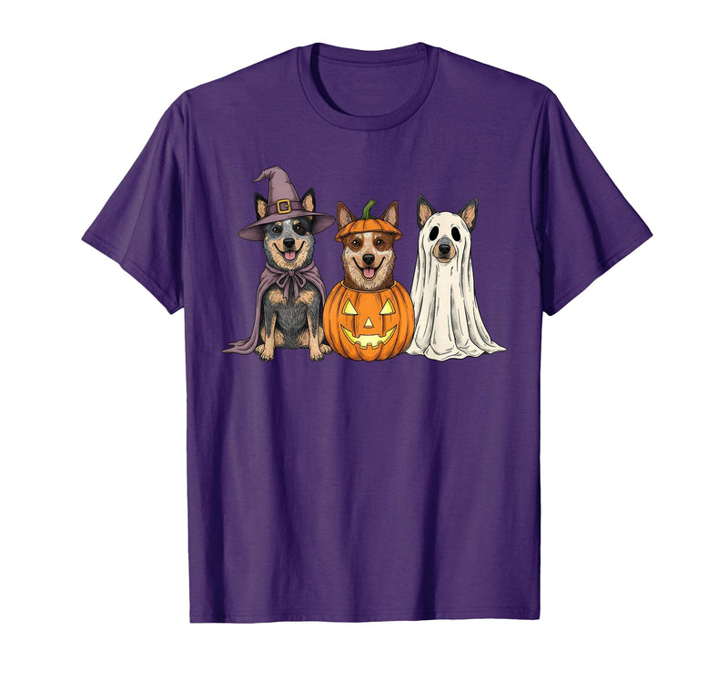 Funny Retro Australian Cattle Dog Halloween Witch Spooky Ghost Blue Heeler Pumpkin Halloween Dog Lover T-Shirt - Purple