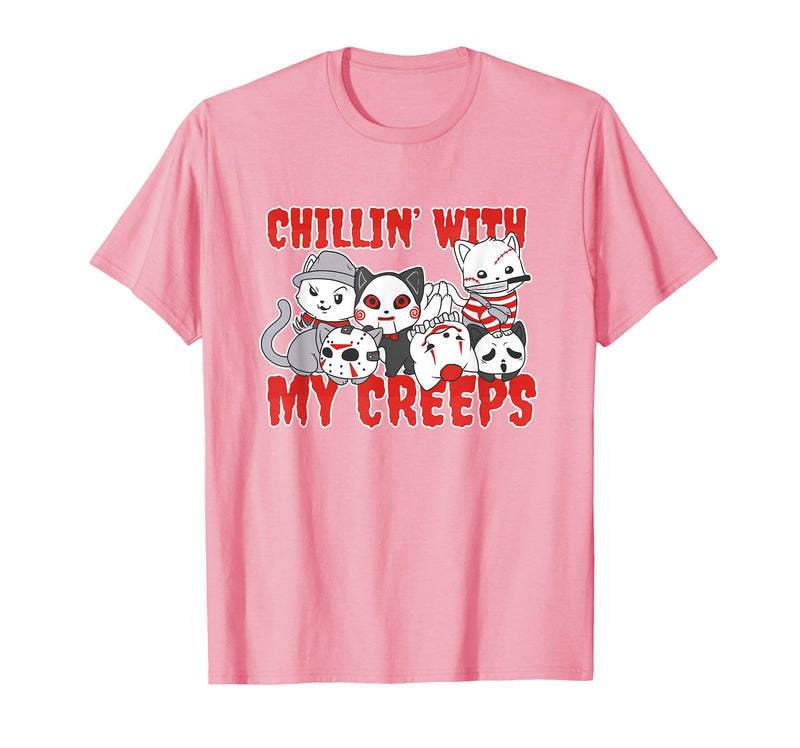 Chillin With My Creeps Apparel Chillin with My Creeps Cat Horror Killer Halloween Costume T-Shirt - Pink