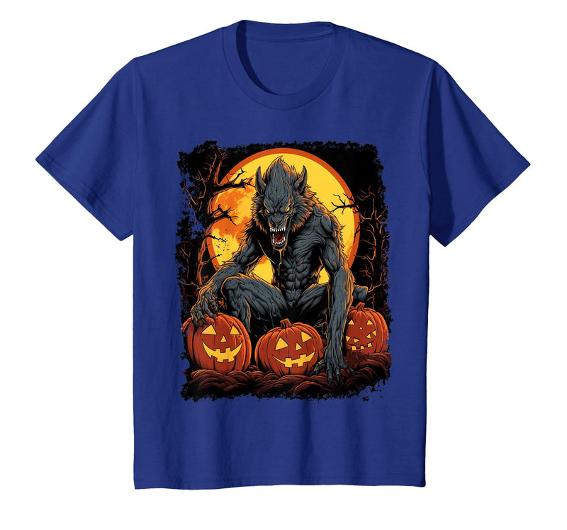 FrightNightFits Werewolf Orange Halloween T-Shirt - Royal Blue
