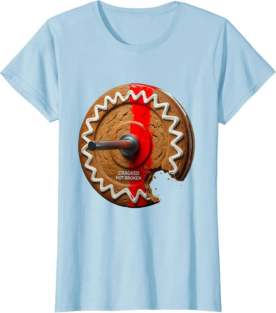 Women's Cracked Not Broken Funny Gingerbread Man Weightlifting T-Shirt - Baby Blue