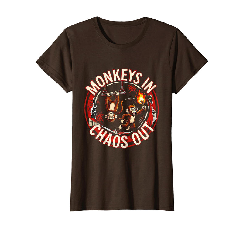 Mademark Monkeys In. Chaos Out. Punk Metal Circus Design T-Shirt - Women - Brown
