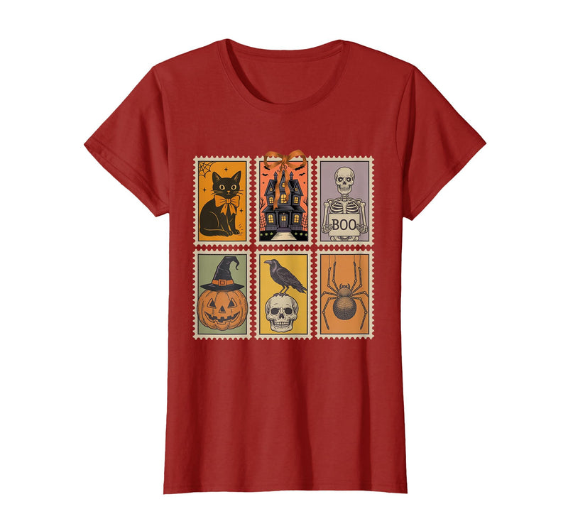 Halloween Stamp Cute Ghost Cute Fall Apparel Vintage Halloween Stamp Cute Ghost Pumpkin Cat Retro Fall T-Shirt - Cranberry
