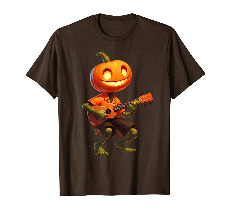 Funny Pumpkin Head Halloween Ukulele Tees Pumpkin Face Playing Ukulele Halloween Costume Men Boys Kids T-Shirt - Brown