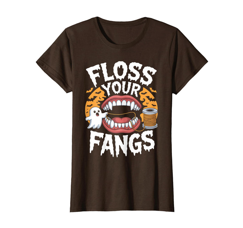 Spooky Dental Office Halloween Dental Crew Ghost Floss Your Fangs Dental Halloween Shirt Dentist Halloween T-Shirt - Brown
