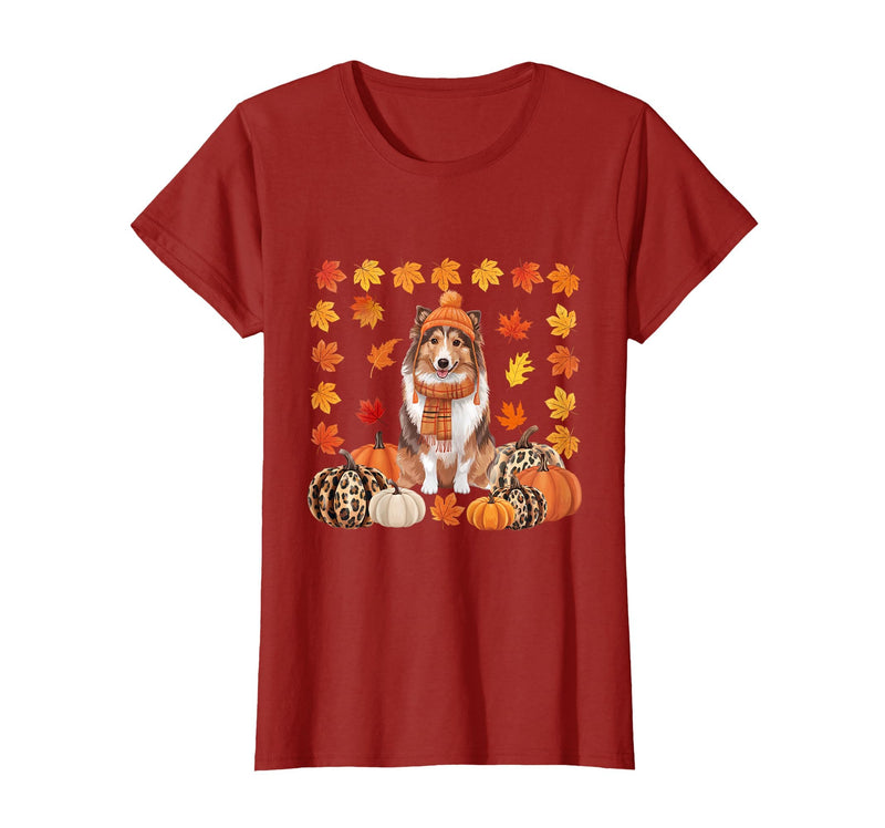 Shetland Sheepdog Sheltie Shop Sheltie Shetland Sheepdog Pumpkins Fall Leaves Halloween T-Shirt - Cranberry Red