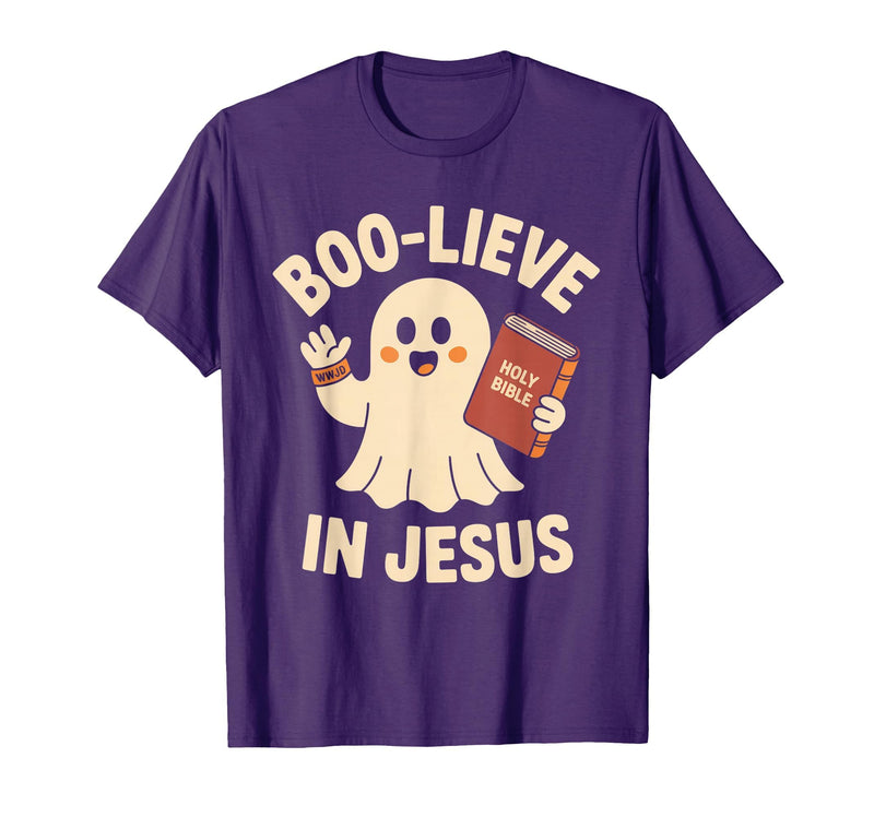 Christian Halloween Merch Boo-Lieve in Jesus - Christian Halloween Christianity T-Shirt - Purple