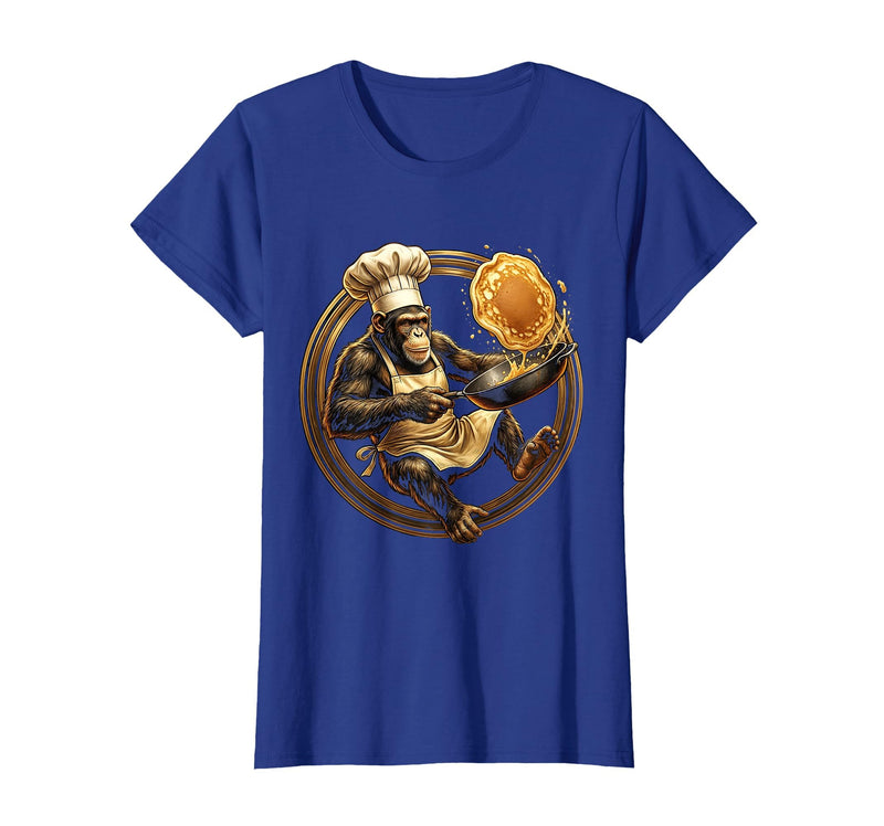 Mademark Funny Monkey Chef Flipping Pancakes Graphic Tee T-Shirt - Women - Royal Blue