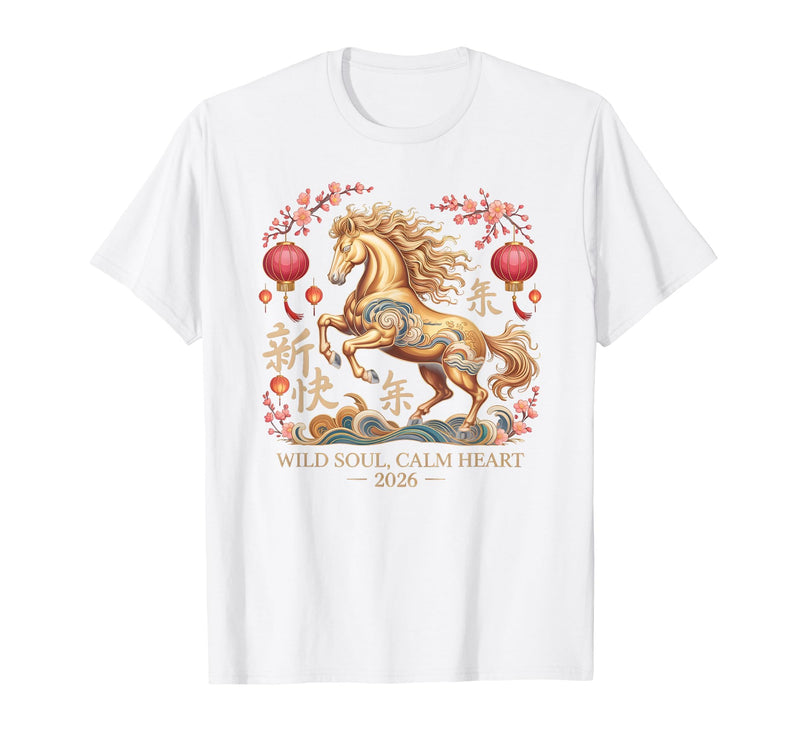 Chinese New Year 1990 Birthday Fortune Prosper Red Festive 2026 Horse Lady Crazy Wild Soul Calm Heart Lunar T-Shirt - White