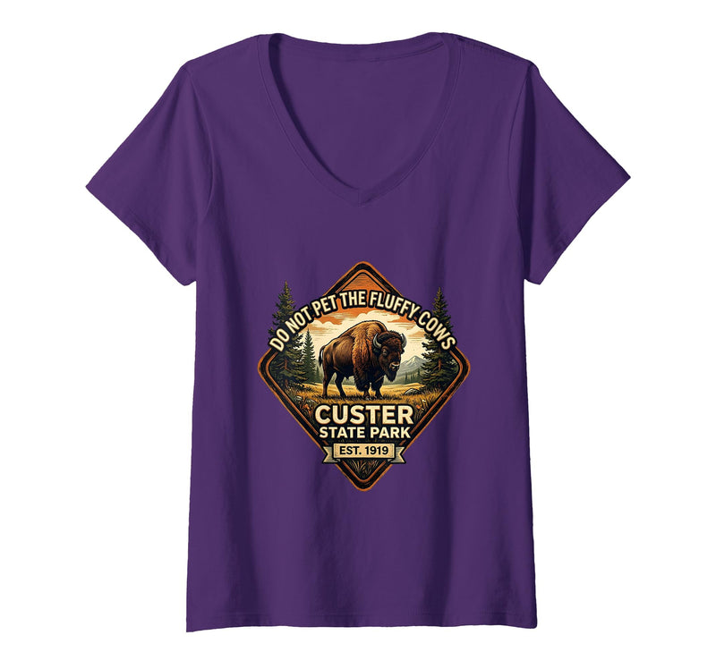 Mademark Women's Do Not Pet The Fluffy Cows Custer State Park Design V-Neck T-Shirt - Purple