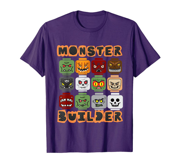 Halloween Building Bricks Monster Builder Brick Head Funny T-Shirt - Purple
