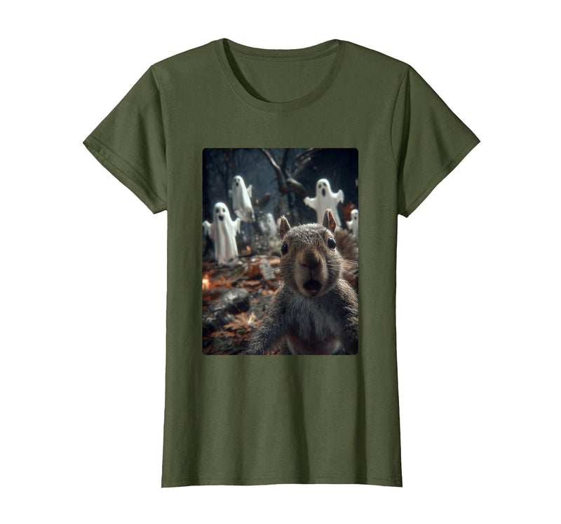 Funny Halloween Animals Selfies Clothing Funny Squirrel Selfie with Ghosts Haunted Forest Halloween T-Shirt - Olive Green